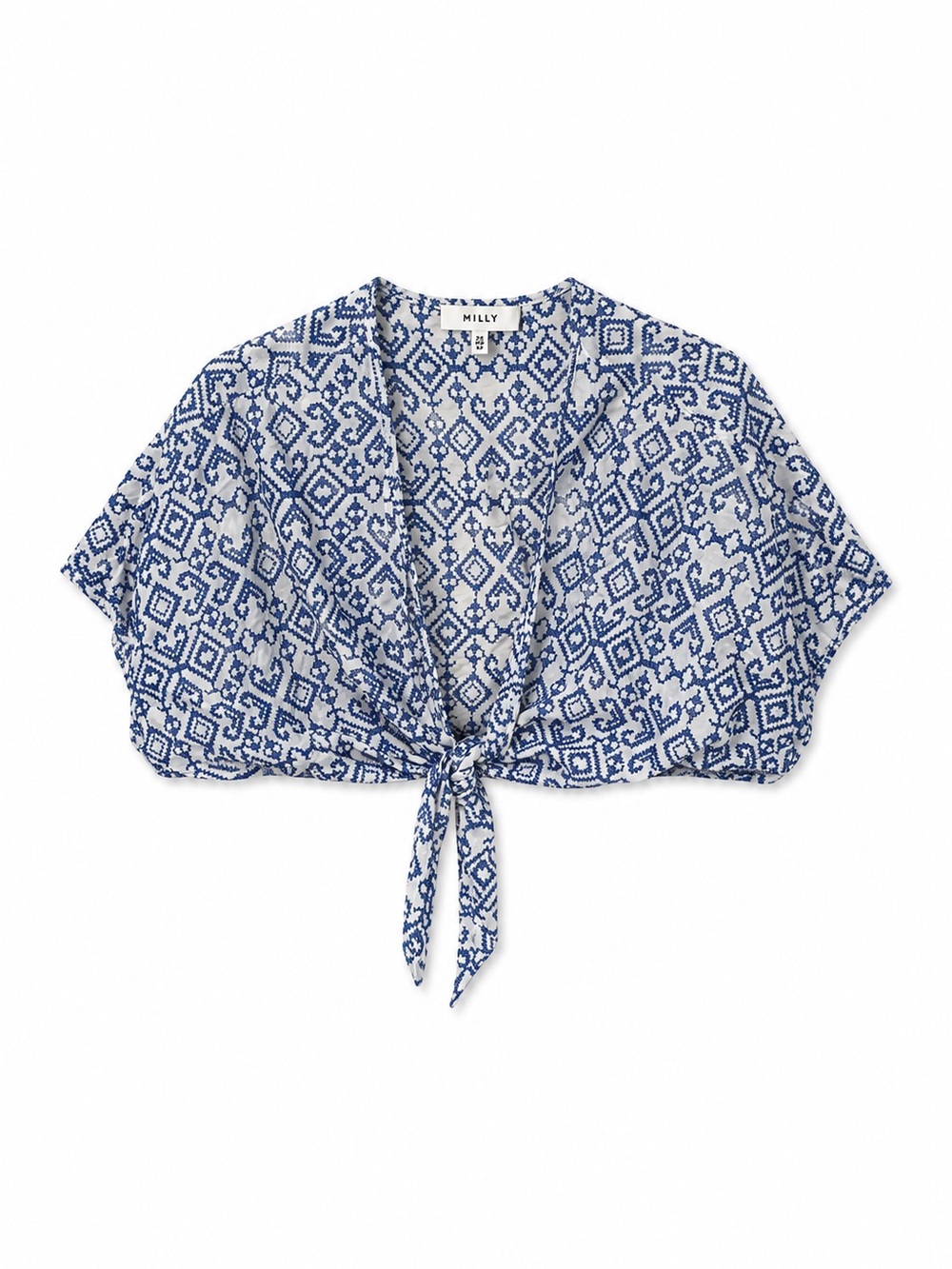Milly Blue & White Tie-Front Geometric Crop Top